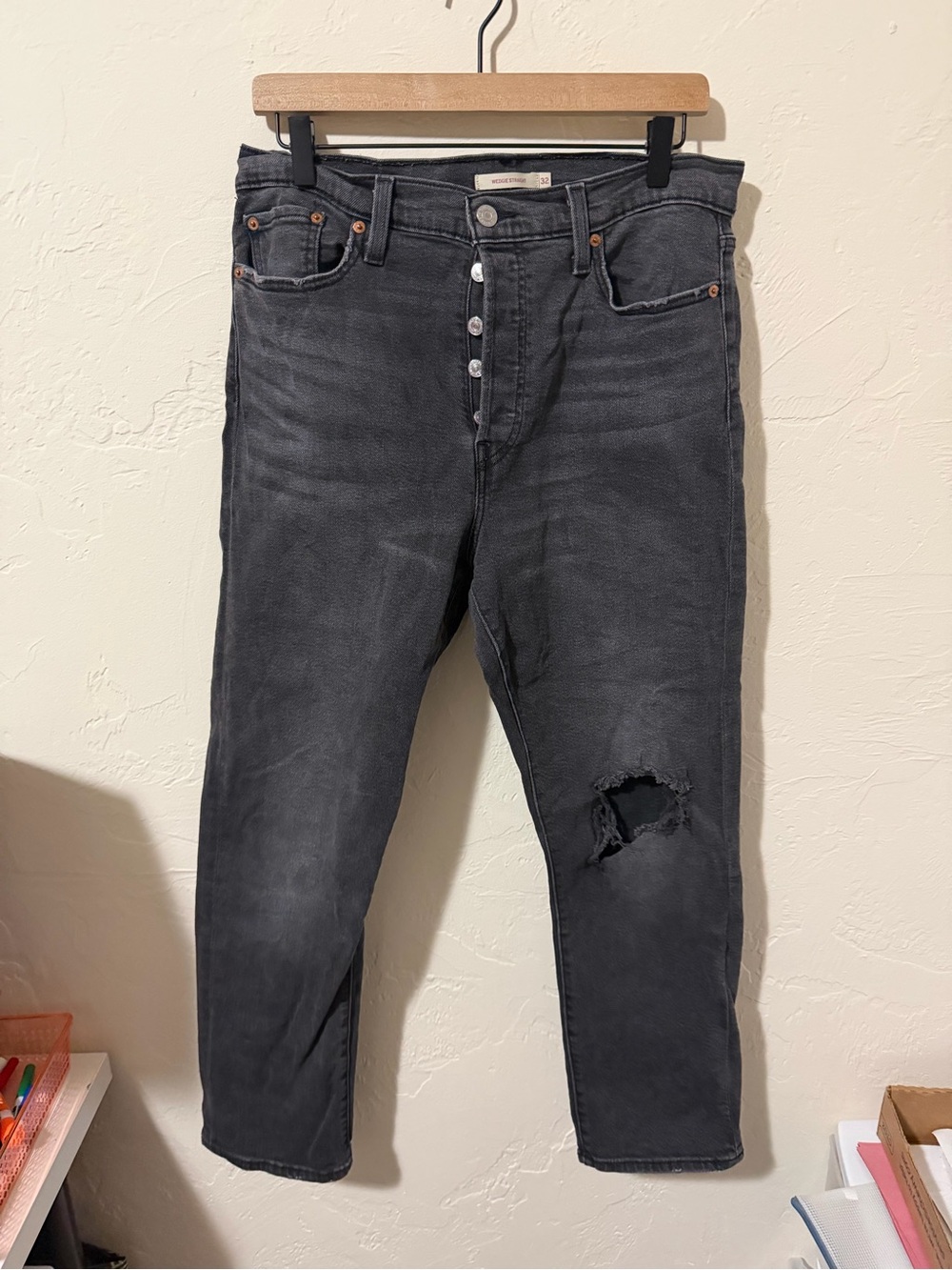 Levi's Black Straight Leg Jeans with Knee Rip